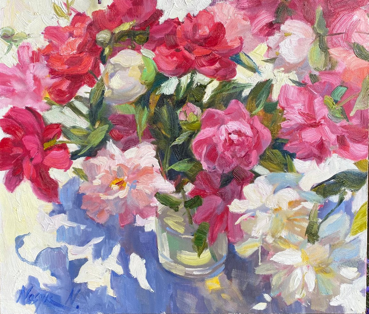 Peonies at afternoon | oil painting on canvas flowers by Nataliia Nosyk