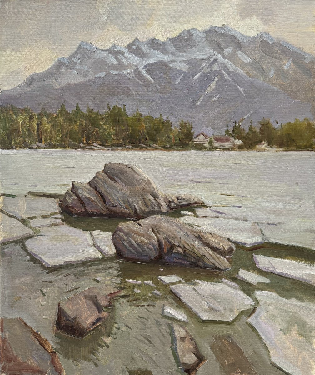 Impressionistic Landscape Oil Painting By Evgeniia Mekhova, 20 X 24, Rocks On The Lake. Alpen., Original Artwork