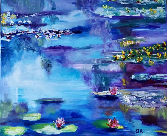 Water Lilies  92 x 76 x 2 cm inspired by Claude Monet  water reflections, purple, turquoise, blue sky