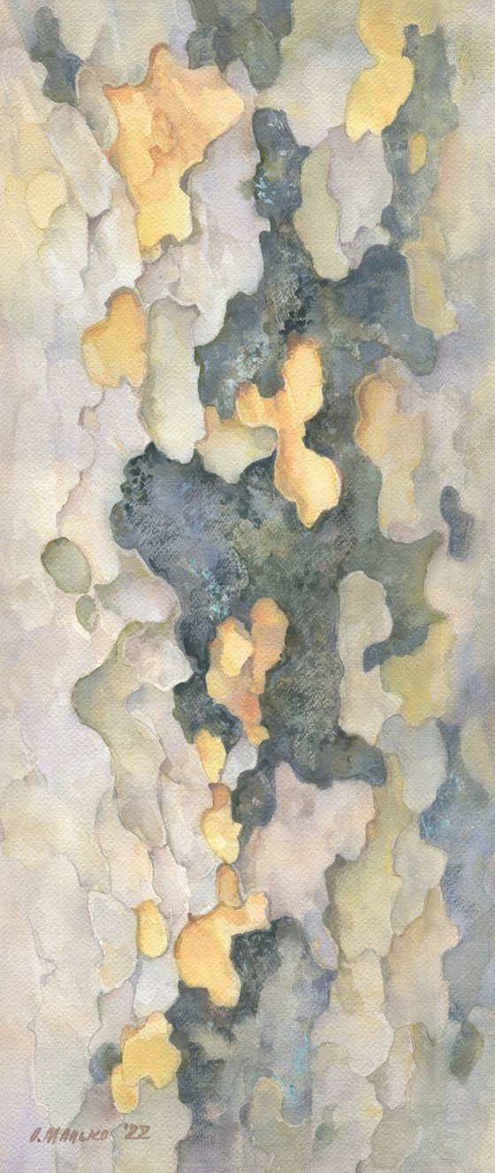 Big routes of little insects #4. Sycamore abstraction / ORIGINAL watercolor ~10x22in (25x56cm)