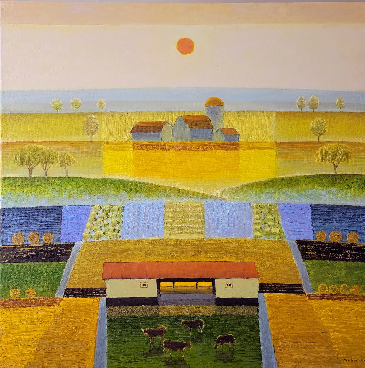 Geometric Oil Painting , Yellow Dawn By Vadim Vaskovsky, 24 X 24, Artwork For Sale On Artfinder
