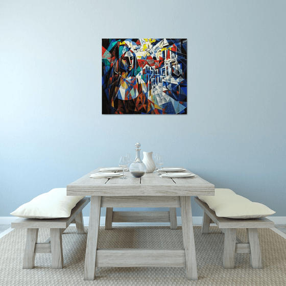 Waiting (90x80cm, cubism, oil painting, ready to hang)