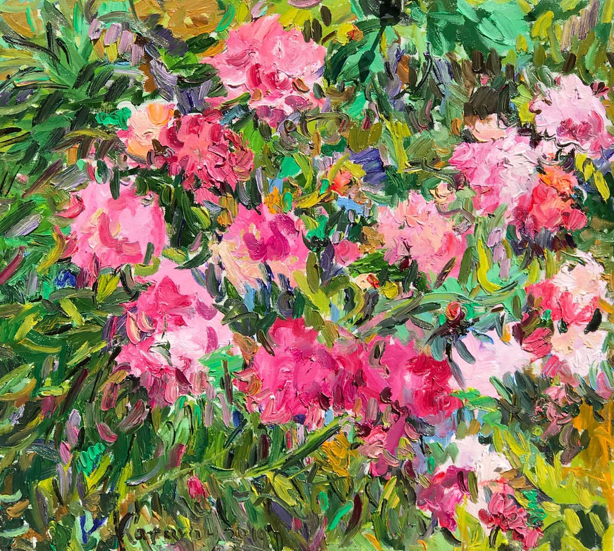 PEONIES - Floral art, landscape, original painting, oil on canvas, flowers in the garden by Karakhan