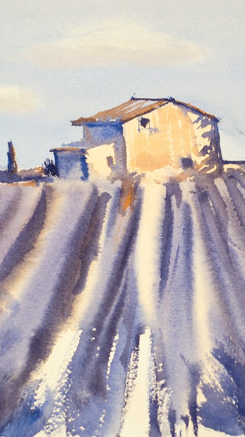 Lavender field in Provence. Medium watercolor pastel drawing bright colors France by Sasha Romm