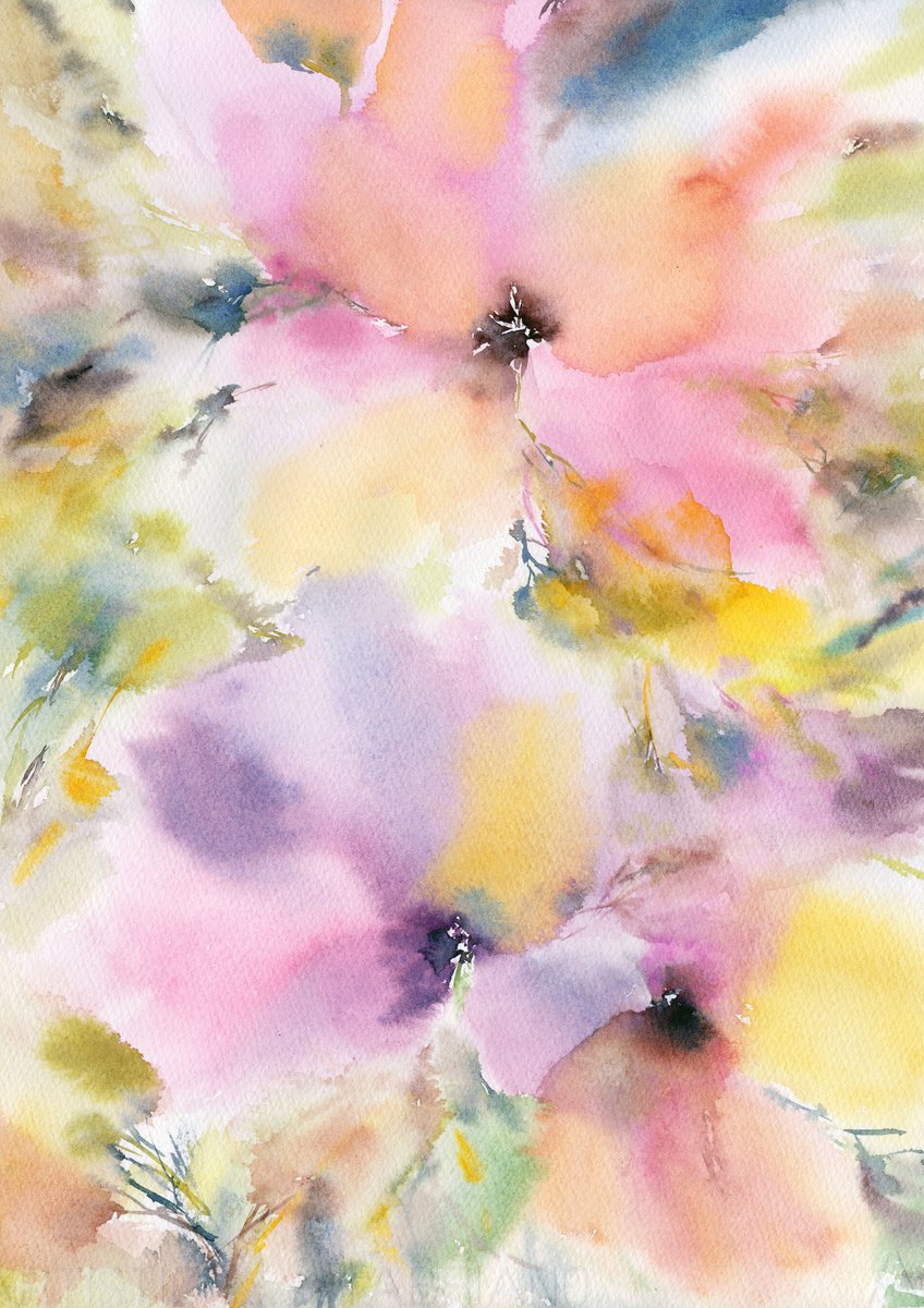 Delicate flowers, small watercolor painting by Olya Grigo