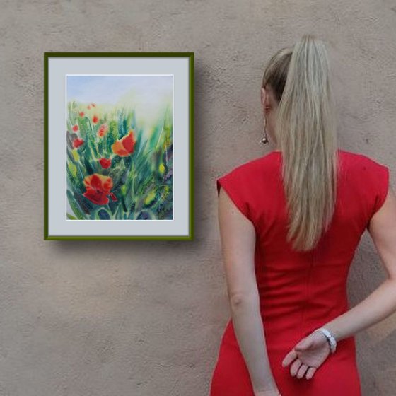 Poppy Flowers Watercolor Original Painting, Red Field Flowers in Aquarelle, Semi Abstract Floral Painting on Paper, Spontaneous Style Floral Wall Art