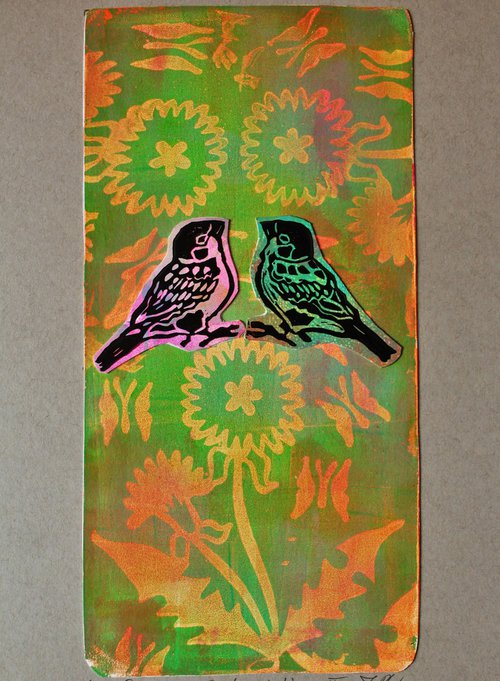 Sparrows & Dandelions IV (mixed media) by Joanna Plenzler