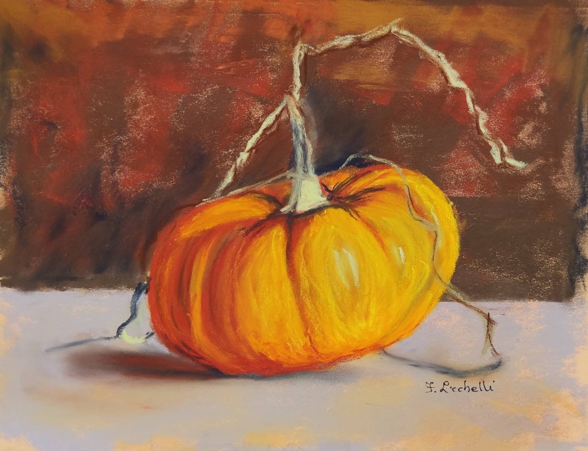 Pumpkin painting tiny drawing pumpkin soft pastels original drawing smal painting 18x24 cm... by Francesca Licchelli