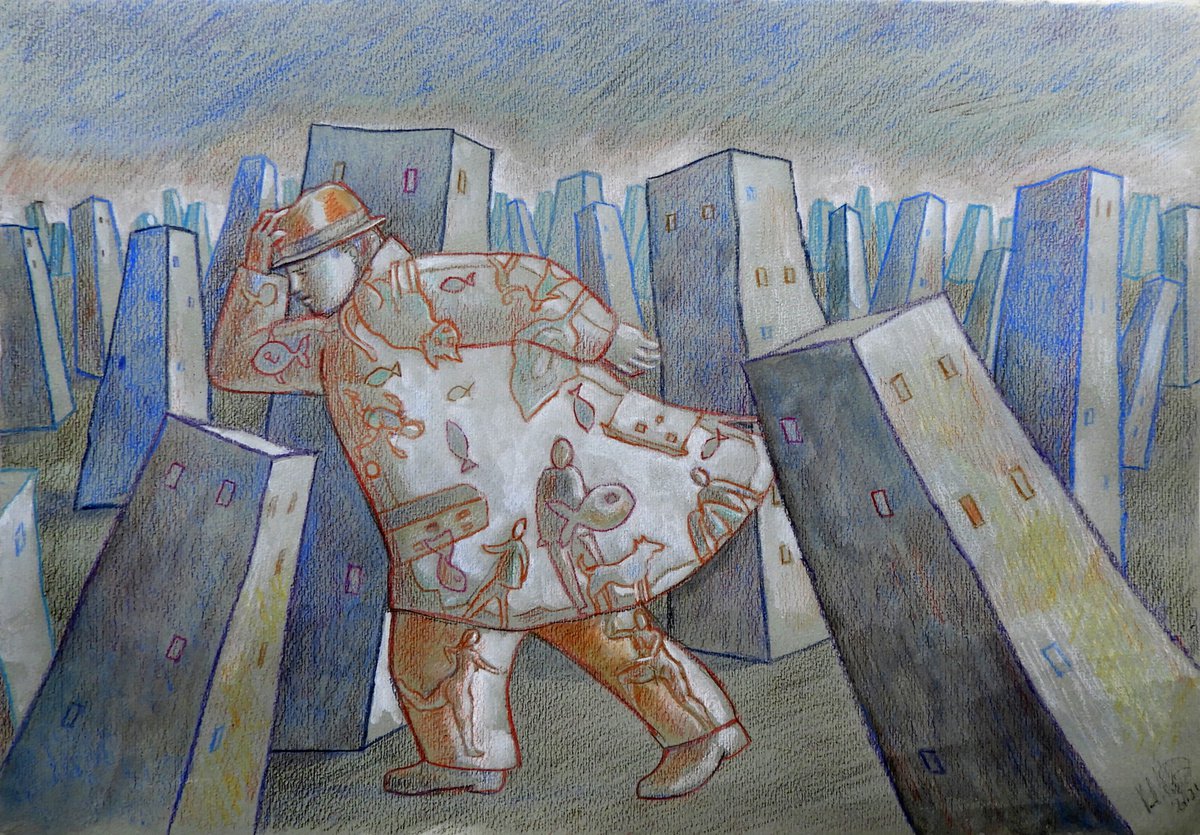 Illustrative Cityscapes Drawing By Paolo Beneforti, 14 X 10", Responsability, Original Artwork