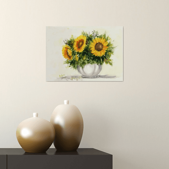 Van Gogh Vase of Sunflowers Watercolor Floral painting- 10.25"x 14.40"