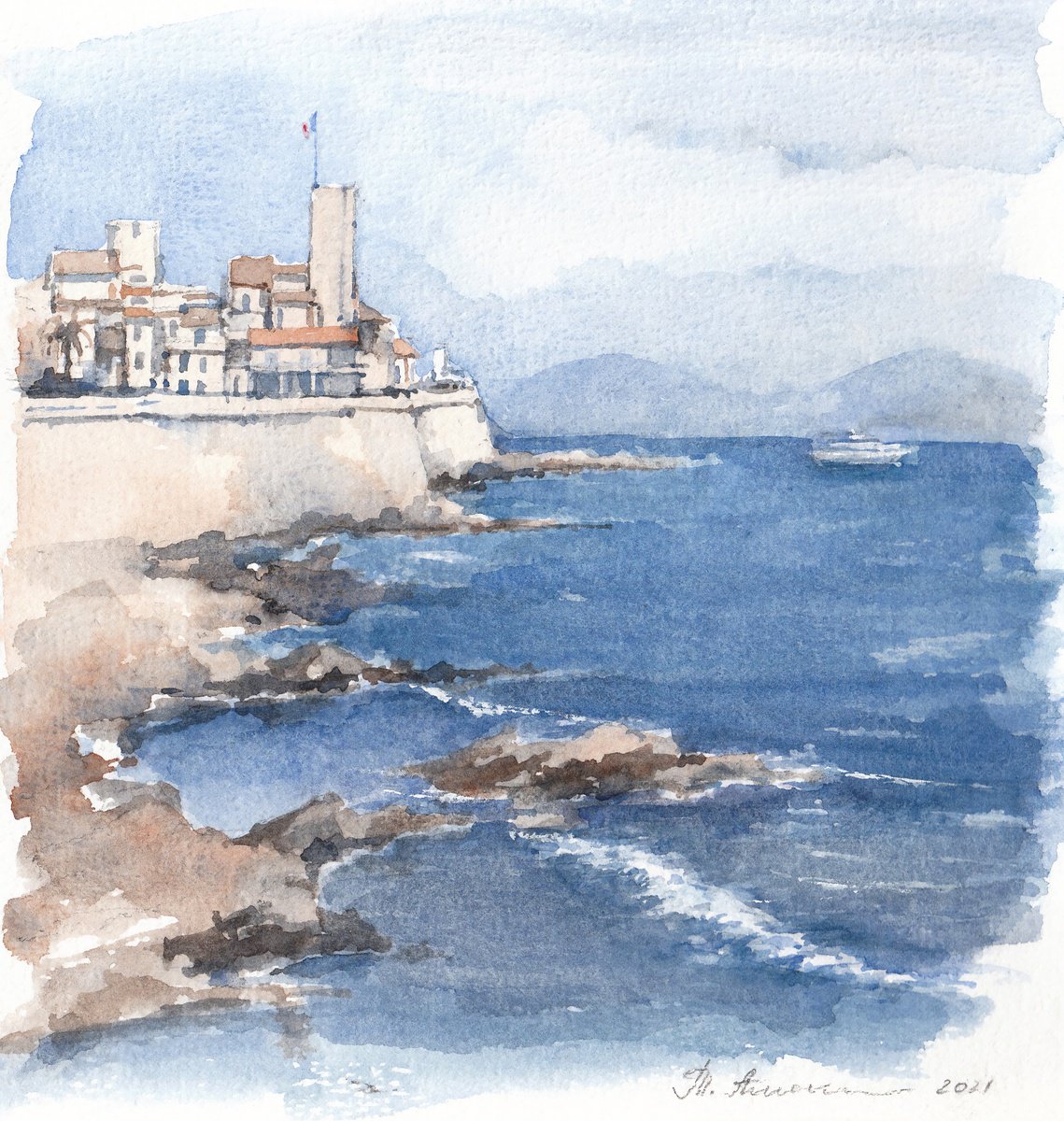 Impressionistic Landscape Watercolour By Tatiana Alekseeva, 7 X 8", Citadel Above The Sea, Original Artwork