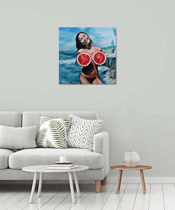 WATERMELONS - sea original oil painting - seaside, summer, erotic art, naked woman, gift idea, pop art, office art home decor