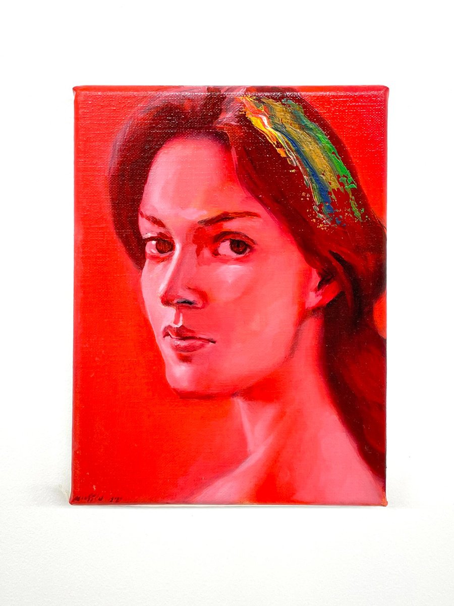 Impressionistic Portrait Oil Painting By Moussin Irjan, 7 X 9", Orange Mood 18 X 24 Cm., Original Artwork