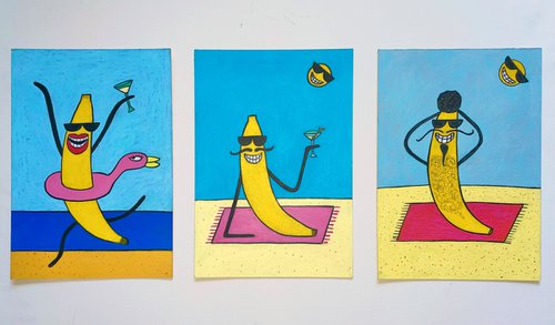 Set 3 artworks “Bananas on the beach” by Ann Zhuleva