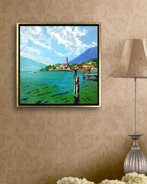 Limone on a Sunny Day. Lake Garda. Italy Landscape, Oil Painting