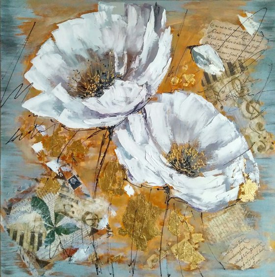 White cosmos, 50x50 cm, ready to hang.