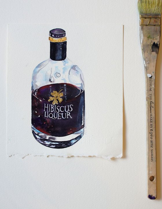 Original Watercolour Painting of Hibiscus Liqueur in a Bottle