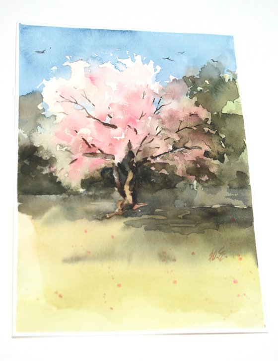 Flowering tree in watercolor, Spring tree