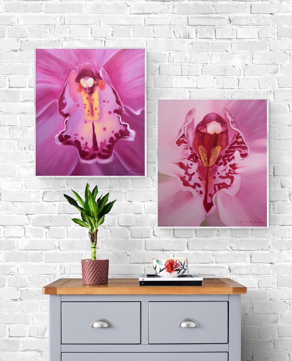 Dyptich of two Orchids - flowers of femininity and passion by Jane Lantsman
