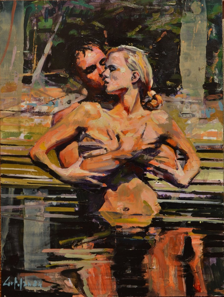Impressionistic Portrait Oil Painting By Marco Ortolan, 12 X 16", Romance In The Water, Original Artwork