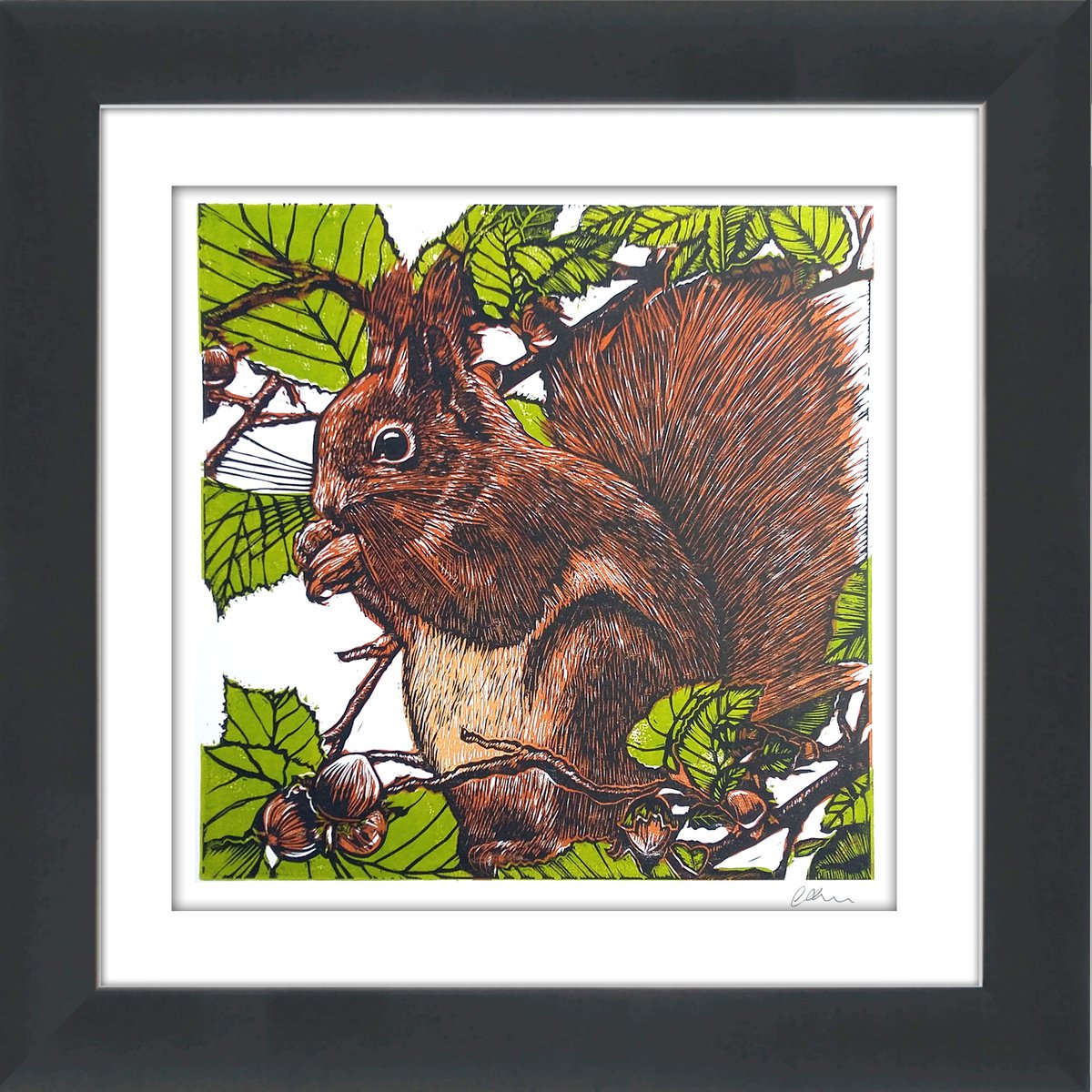 Illustrative Animal Linocut By Carolynne Coulson, 14 X 14, Natures Feast, Original Artwork
