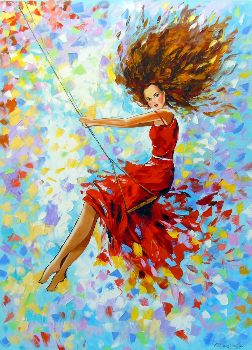 Impressionistic Portrait Oil Painting By Olha Darchuk, 31 X 43", The Girl On The Swing, Original Artwork