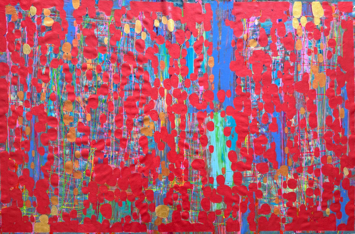 Abstract Acrylic Painting By Vahe Yeremyan, 66 X 42", Red Shade, Original Artwork