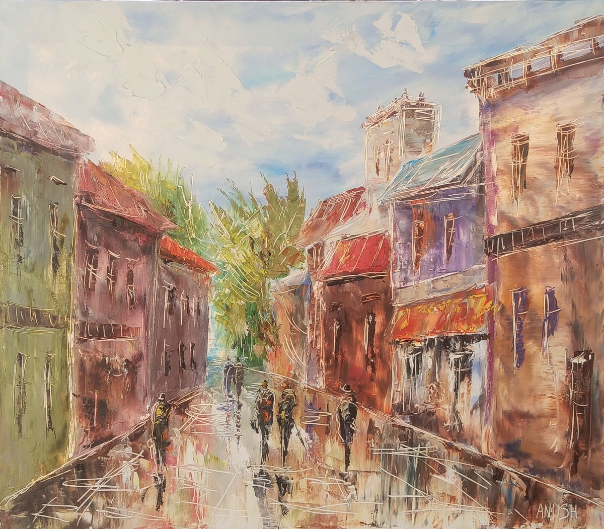 Impressionistic Cityscapes Oil Painting By Anush Emiryan, 24 X 22, Old Town Vibe, Original Artwork