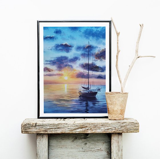 Sailboat - Yacht Art  - seascape - sea and sky - yacht -  sunset