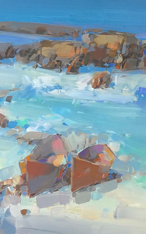 Boats on the Shore, Original oil painting, Handmade artwork, Large size, One of a kind by Vahe Yeremyan