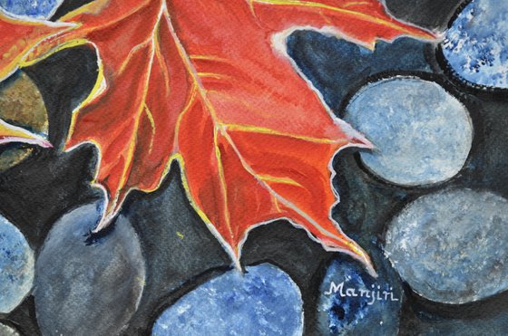 Fall Autumn Leaves on pebbles landscape watercolor painting