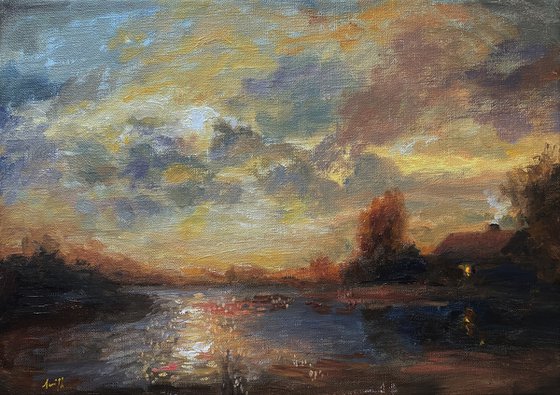 Home: Clouds & Cottage. Original Oil Painting on Canvas.