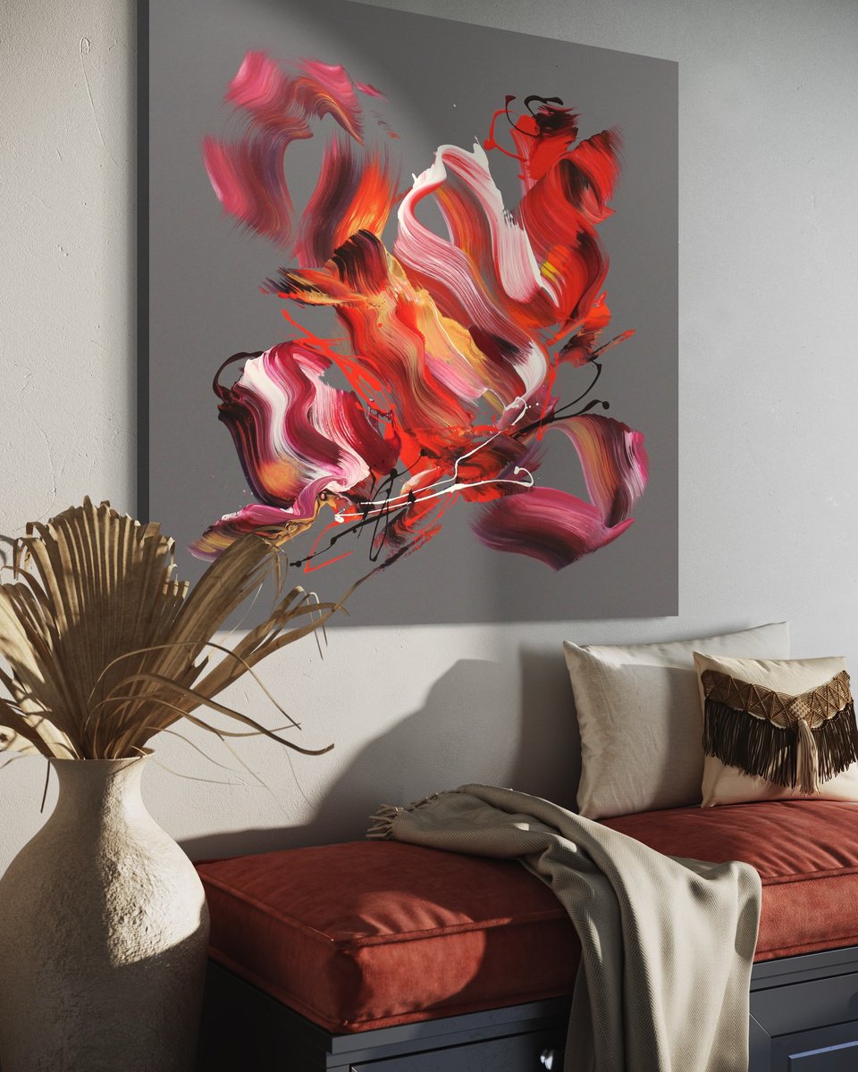 Expressive Abstract Acrylic Painting By Paresh Nrshinga Frsa, 36 X 36", Scarlet Ribbon Ii, Original Artwork