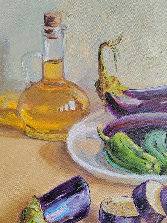 Blue Eggplant Vegetables in a Plate with olive oil still life painting