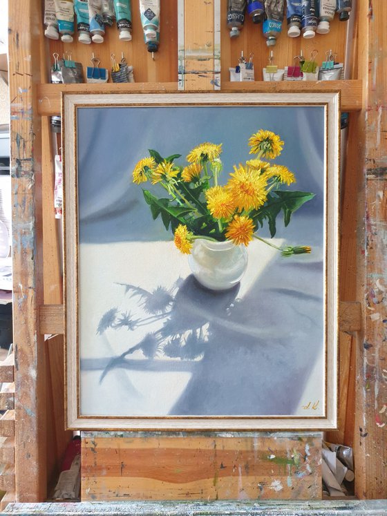 "Bouquet from a young gentleman. "  still life summer  dandelion   white liGHt original painting  GIFT (2021)