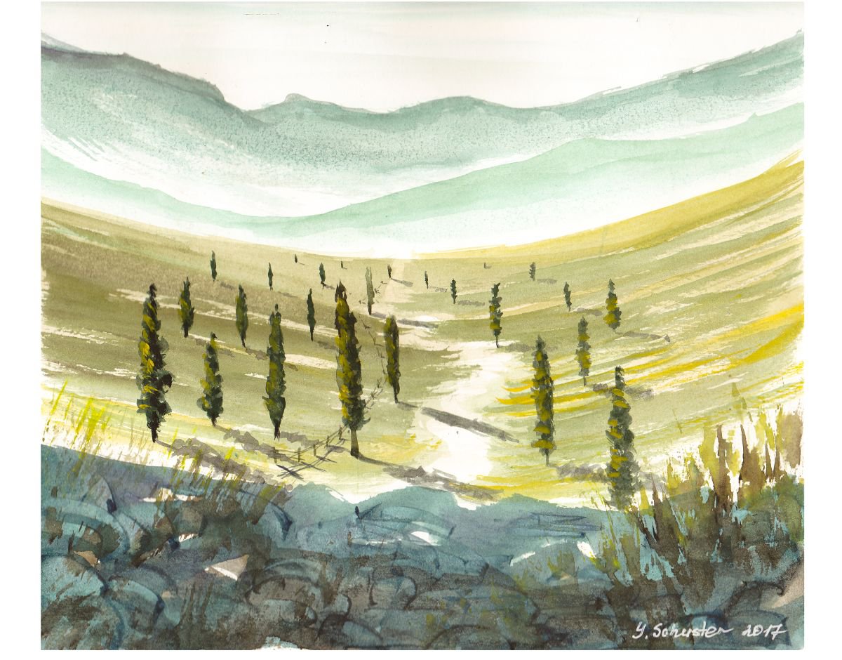 Impressionistic Landscape Watercolour By Yulia Schuster, 10 X 9", Eucalyptus Trees, Original Artwork