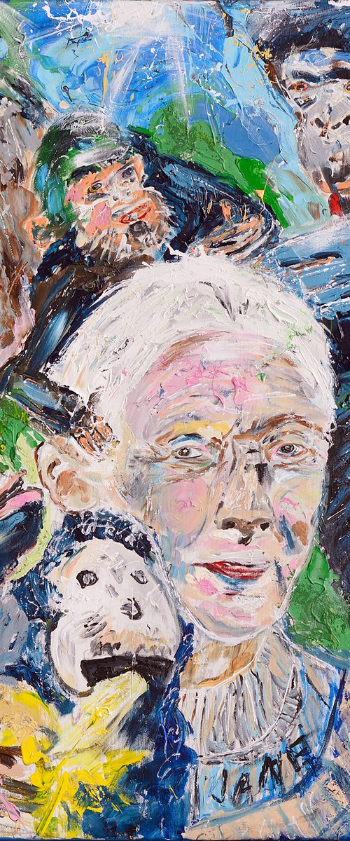 Portrait JANE GOODALL AND HER CHIMPS 100 x 100 cm.| 39.37" x 39.37" portrait Jane Goodall by Oswin Gesselli by Oswin Gesselli