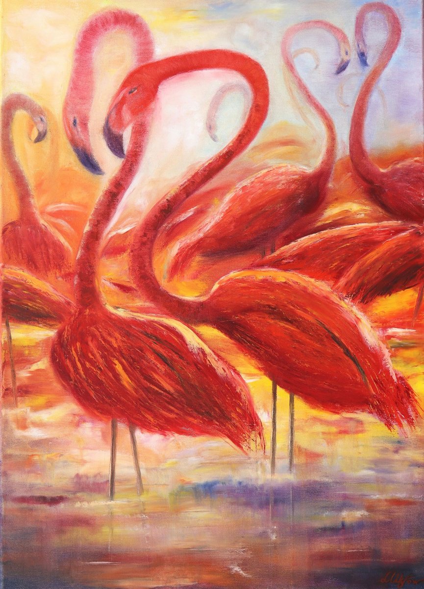Expressive Animal Oil Painting By Ludmilla Ukrow, 20 X 28", Red Flamingos, Original Artwork