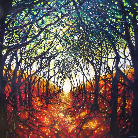The Watchers in the Forest - a very large oil painting of a woodland path with deer