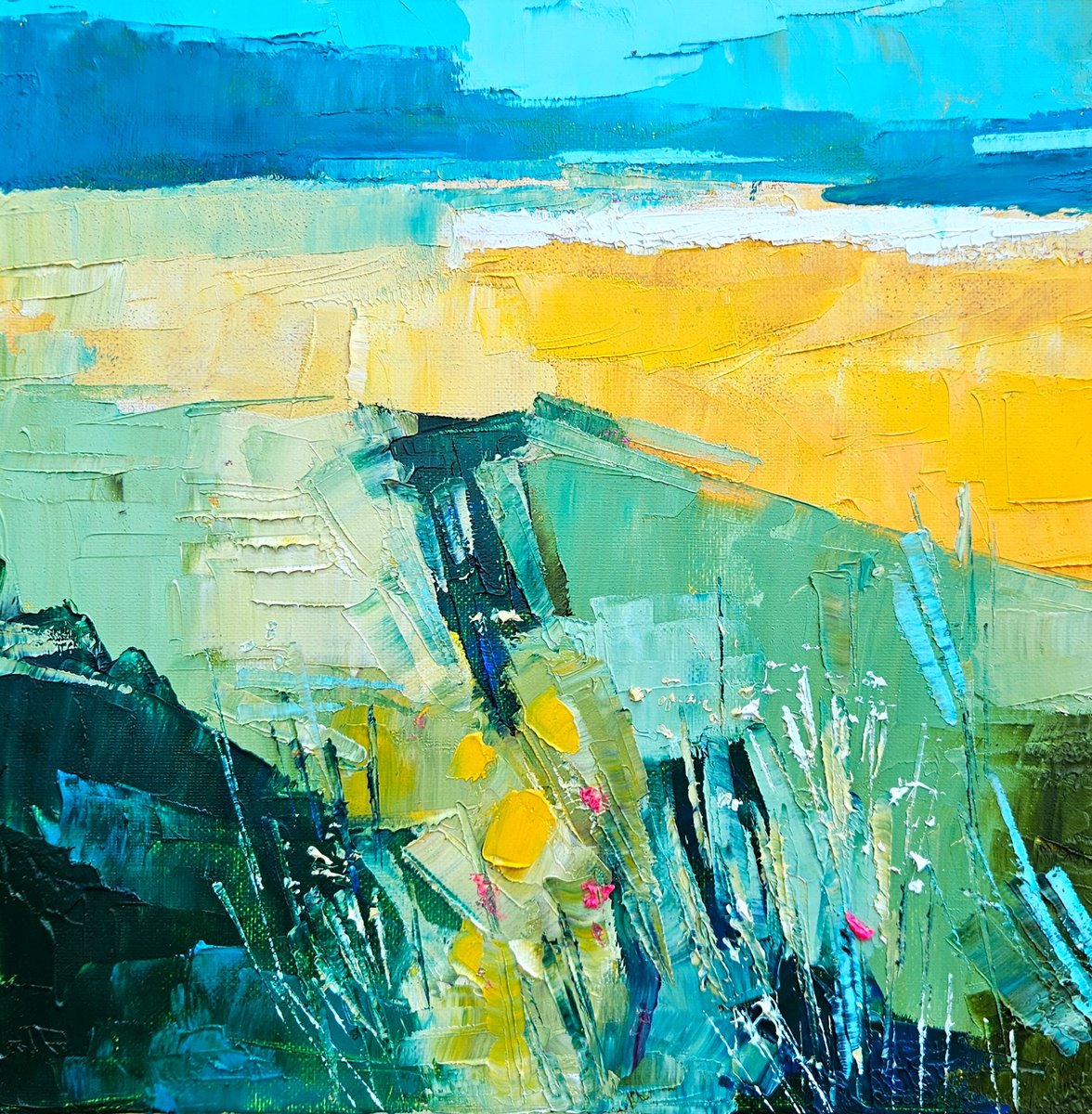 Impressionistic Landscape Oil Painting By Simon Tunde, 12 X 12", Horison 1., Original Artwork