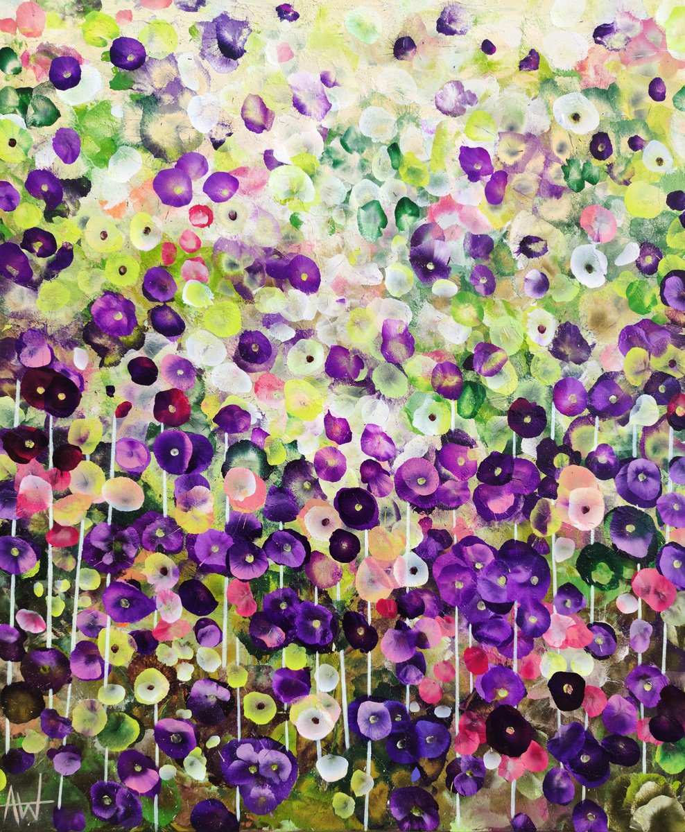 Expressive Botanical Acrylic Painting By Angie Wright, 39 X 47, Garden Reverie, Original Artwork