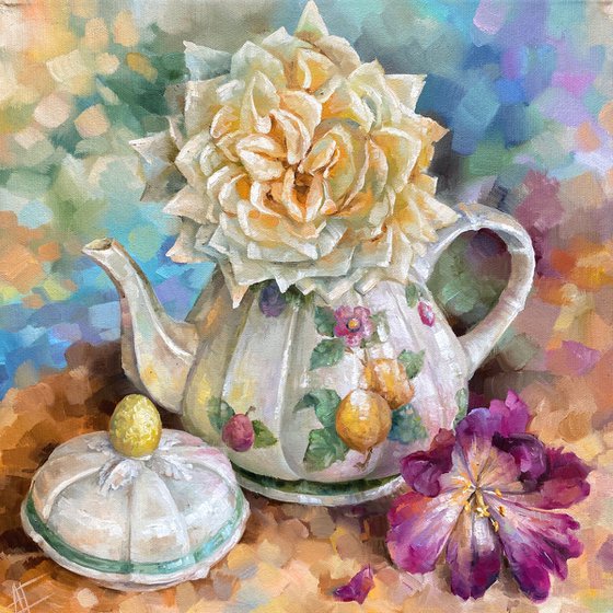 Vintage teapot, cream rose and violet tulip still life. Villeroy Boch Tea pot and flowers.