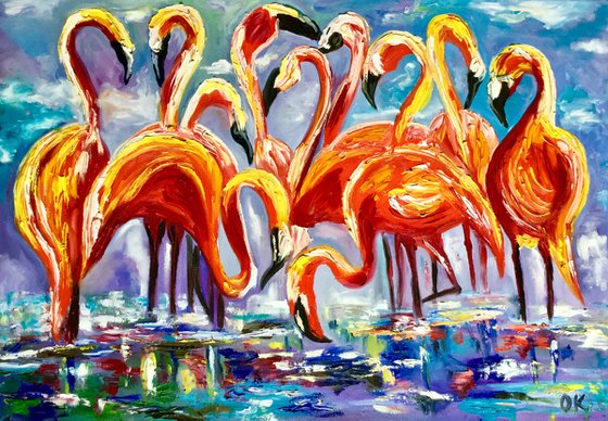 ORANGE FLAMINGOS. LARGE SIZE PAINTING. Original oil palette knife painting on linen canvas.