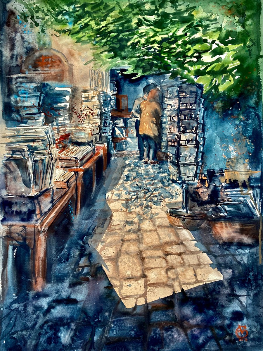 Impressionistic Cityscapes Watercolour By Valeria Golovenkina, 22 X 30", Aqua Alta - Bookshop In Venice, Original Artwork