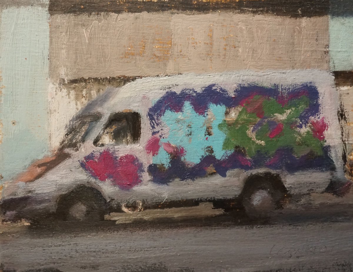 Urban And Pop Transport Oil Painting By Manuel Leonardi, 11 X 9", Tags On Trucks, Original Artwork