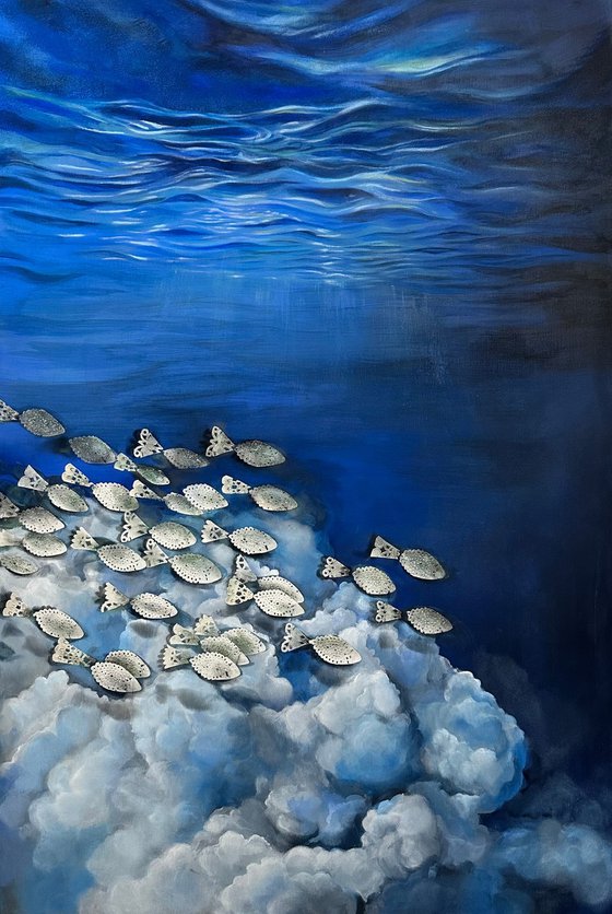 Surreal Ocean Painting with Vintage Lace Fish