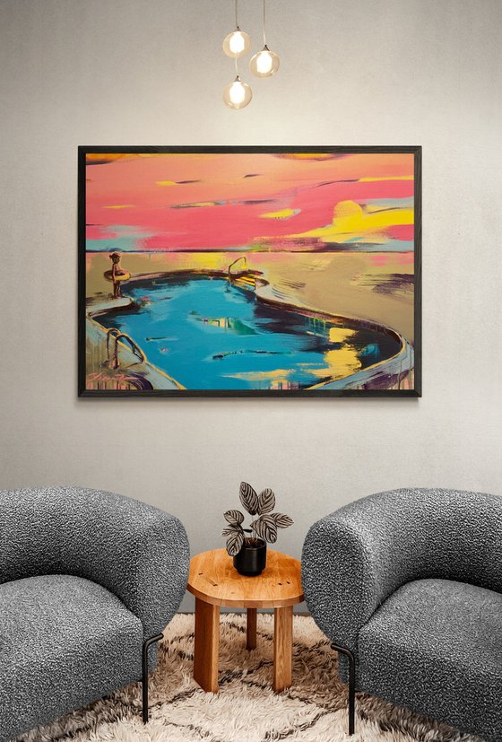 Bright painting - "Girl with float" - Pop Art - Landscape - Swimming pool