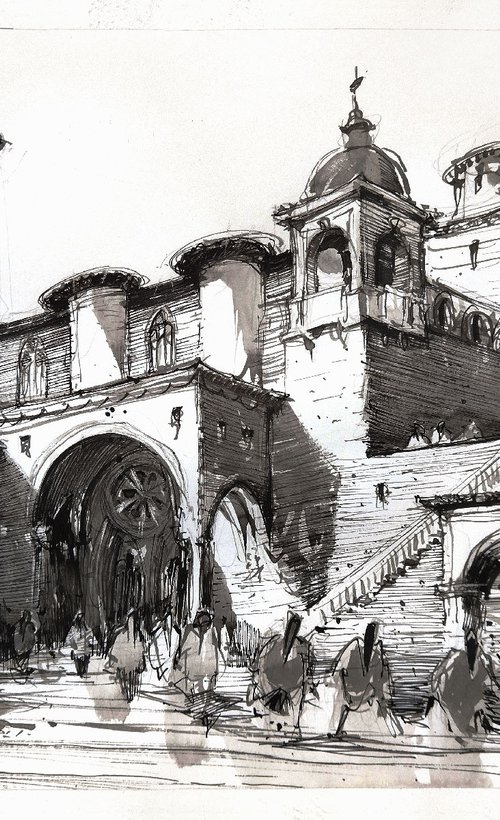 Assisi, original ink drawing artwork, Modern impressionistic art for home interior. by Marin Victor