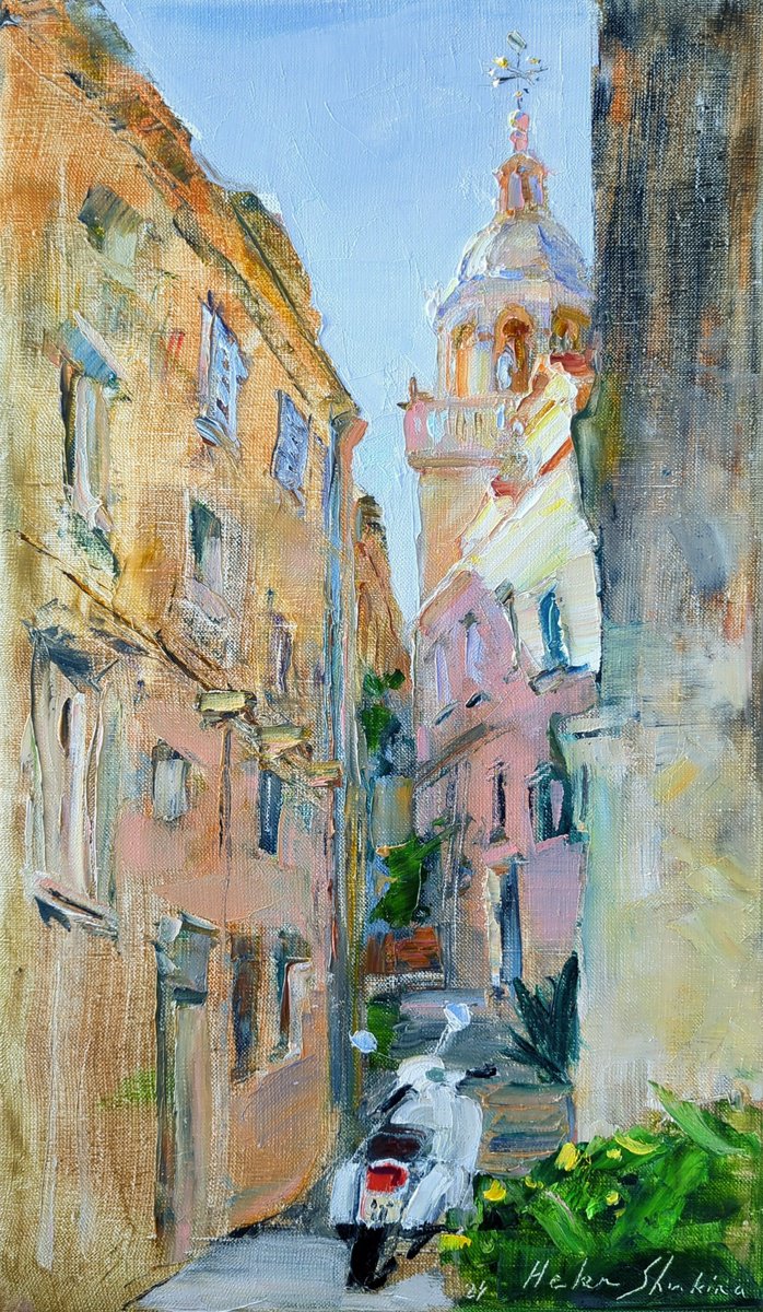 Impressionistic Cityscapes Oil Painting By Helen Shukina, 12 X 20, Italian Street Of Korcula, Original Artwork