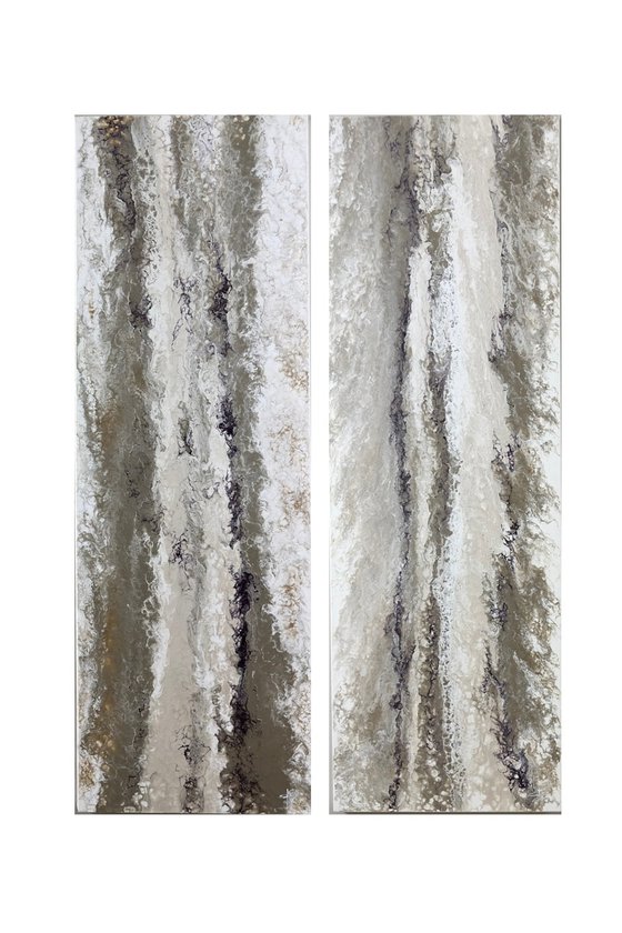 "Lithic Drift" — Ink Pearl Silver Abstract